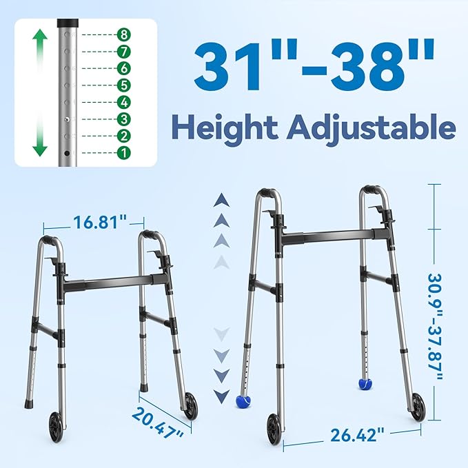 Folding Walker with 2 Precut Tennis Balls, 5" Wheels Lightweight Walkers for Seniors and Adults, Supports Up to 350 Pounds, Adjustable Height, Compact Standard Walker