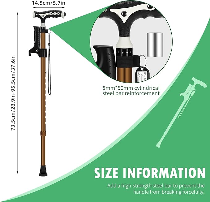Hold 440 Lbs Walking Cane for Men & Women Aluminum Alloy Lightweight Height Adjustable Walking Stick Heavy Duty Foldbale Free Standing Cane with LED for Seniors Adults