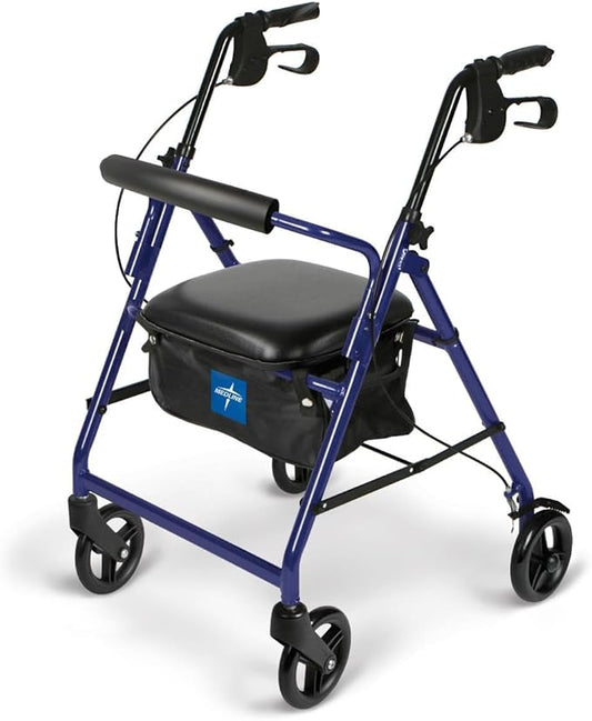 Medline Aluminum Rollator Walker with Seat, Blue, 250 lb. Weight Capacity, Lightweight, 6” Wheels, Foldable, Adjustable Handles, Rolling Walker for Seniors