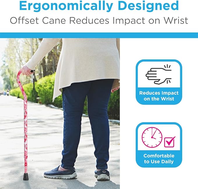 Nova Joy Designer Offset Walking Cane for Seniors - Unisex Adjustable Lightweight Aid with Foam Handle, Wrist Strap and Anti-Rattle Lock - Essential Mobility Support - Pink Petal Power