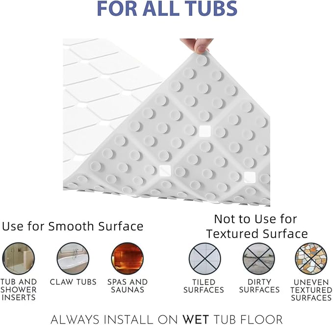Bathtub Mat Non Slip Silicone Foldable Extra Long Tub Mat Strong Suction Cups & Large Drain Holes, Durable,Machine Washable for Smooth Surfaces Shower Mat, Ideal for Families Beige,15"x40" White