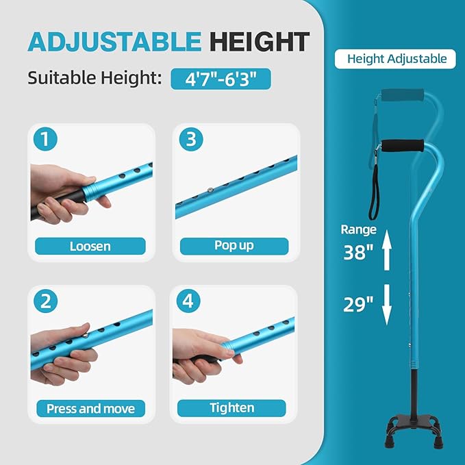 BeneCane Quad Cane Adjustable Walking Cane with Offset Soft Cushioned Handle for Men & Women Lightweight Comfortable with 4-Pronged feet for Extra Stability