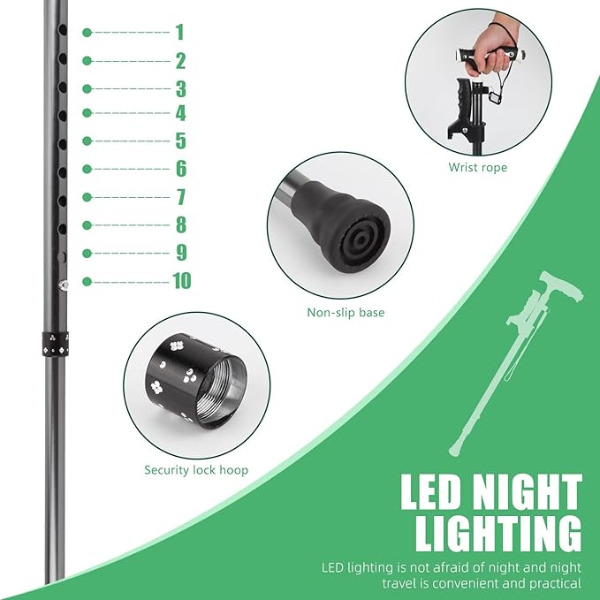 Hold 440 Lbs Walking Cane for Men & Women Aluminum Alloy Lightweight Height Adjustable Walking Stick Heavy Duty Foldbale Free Standing Cane with LED for Seniors Adults