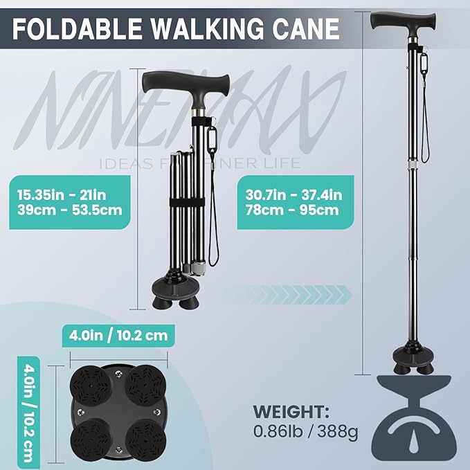 NINEMAX Walking Cane for Men Women Seniors, Foldable Collapsible Adjustable Free Standing T Handle Walking Stick, Lightweight Sturdy Folding Cane Portable for Stable and Balance