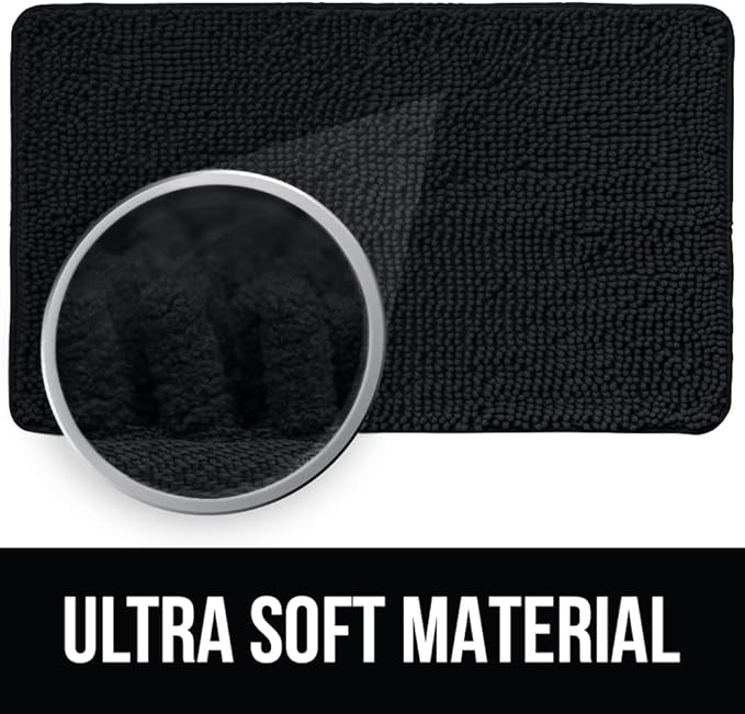 KANGAROO Bathroom Rugs, Chenille Soft Absorbent Bath Rug, Shaggy Shower Mat, Quick Dry Machine Wash Bathmat, Plush Carpet Mats for Tub, Bathtub and Room Home Decor Accessories, 42x24, Black