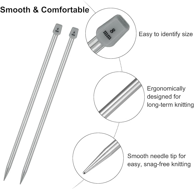 uxcell 4Pcs 8mm(L) Single Pointed Knitting Needles Stainless Steel 13.8 Inches Length Metal Weaving Tool for Handmade Projects DIY Knitting