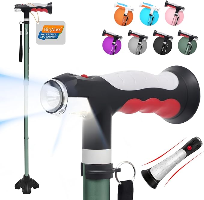 BigAlex Folding Walking Cane with Two Led Lights for Elderly Solid Base Adjustable Walking Stick with Carrying Bag for Men Women