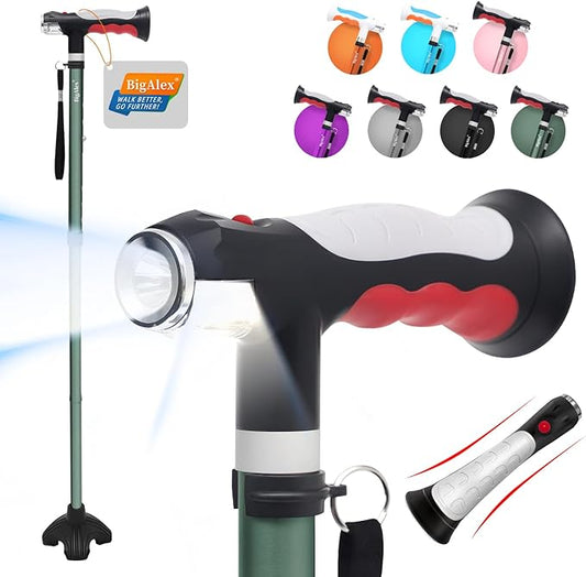 BigAlex Folding Walking Cane with Two Led Lights for Elderly Solid Base Adjustable Walking Stick with Carrying Bag for Men Women