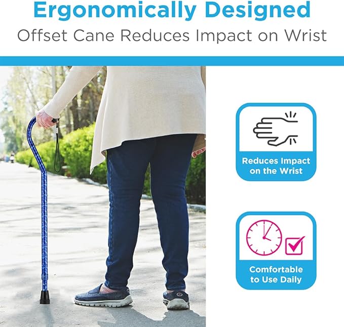 Nova Joy Designer Offset Walking Cane for Seniors - Unisex Adjustable Lightweight Aid with Foam Handle, Wrist Strap and Anti-Rattle Lock - Essential Mobility Support - Blue Waves