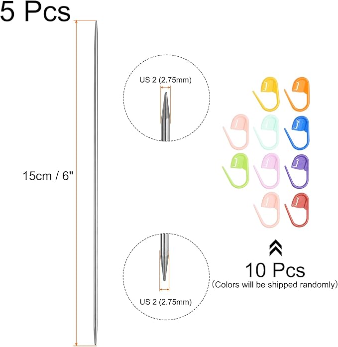 uxcell 5Pcs Knitting Needle Size US 2(2.75mm) 6 Inches (15cm) Length Stainless Steel Double Pointed Sweater Stitching Needles with 10 Colorful Stitch Markers for Handmade Projects DIY