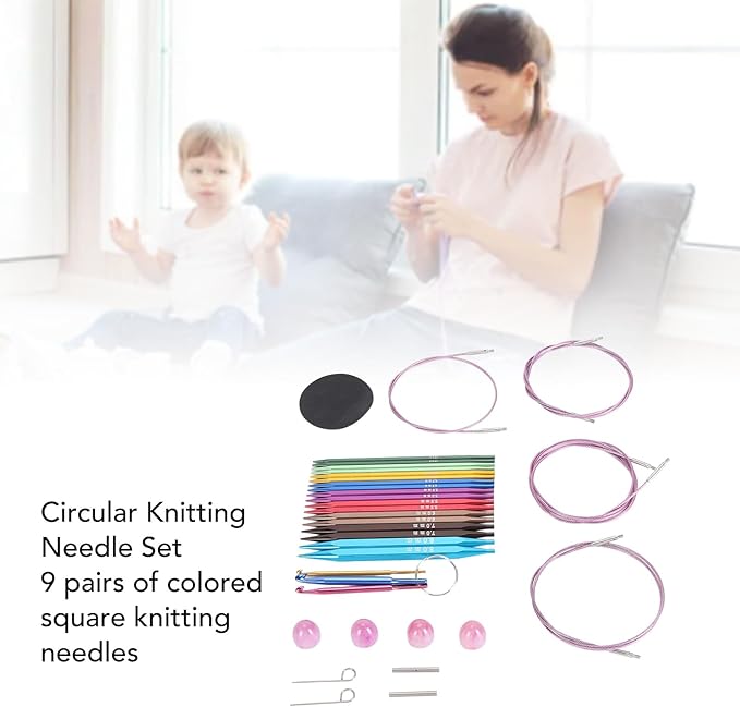 Fafeicy 9 Pairs Square Circular Knitting Needles Set Interchangeable Needles with Ergonomic Handles for Handmade DIY Knitting