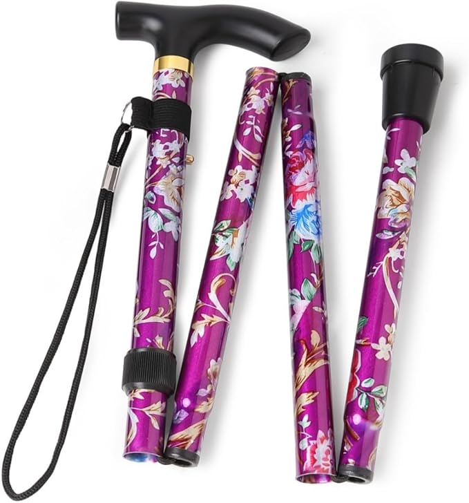 Folding Lightweight Walking Stick - Adjustable Aluminum Metal Collapsible Travel Cane with Non-Slip Rubber Base