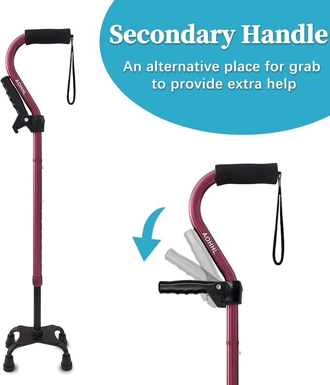 AOHHL Quad Walking Cane Foldable Adjustable Portable Stick Men & Women and Seniors - Lightweight & Sturdy with 4-Pronged Base for Extra Stability Balance,Self Standing Gifts for mom Dad
