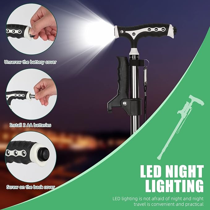 Hold 440 Lbs Walking Cane for Men & Women Aluminum Alloy Lightweight Height Adjustable Walking Stick Heavy Duty Foldbale Free Standing Cane with LED for Seniors Adults