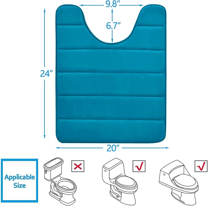 Buganda Memory Foam U-Shaped Contour Toilet Rugs, Non Slip Absorbent, Thick Soft Washable Bathroom Mat, Floor Carpet Bath Rugs Mat for Toilet Base (24" x 20", Peacock Blue)