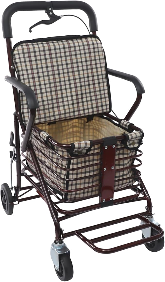 Wine Red Foldable Shopping Cart with Seat & Handbrake, 220lb Capacity, 55lb Basket, 4-Wheel Senior Rollator for Groceries
