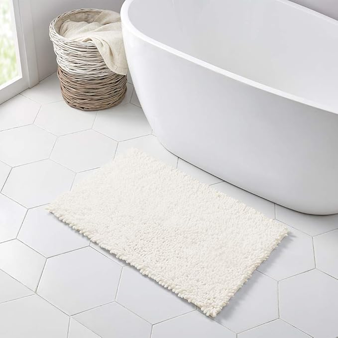 Walensee Bathroom Rug Non Slip Bath Mat (36x24 Inch Ivory) Water Absorbent Super Soft Shaggy Chenille Machine Washable Dry Extra Thick Perfect Absorbant Best Large Plush Carpet for Shower Floor