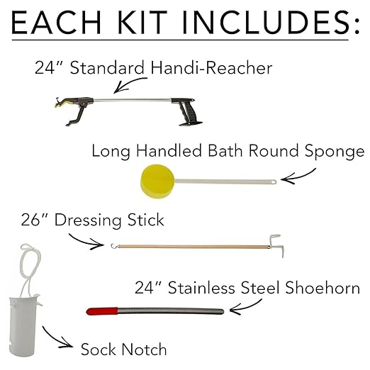 Sammons Preston Hip Kit III, Total Hip Replacement Recovery Kit to Avoid Bending and Moving Hips, ADL Tools for Elderly, Including Reacher Grabber, Sock Notch, Sponge, Dressing Stick, and Shoehorn
