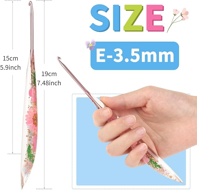 Coopay Crochet Hooks, 3.5mm Ergonomic Crochet Hook with Floral Resin Grips, Stylish and Unique, Ideal for Crocheting Blankets, Dolls, Shawls, Hats, Scarves (E-3.5mm)