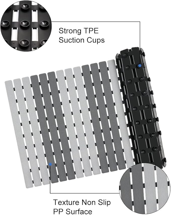 MBOSS Shower Mat Non Slip Bathtub Mats for Bathroom Shower Floor Mat Bath Mats for Shower Tub Anti Slip Shower Mat with Drain Hole and Large Suction Cups (Dark Gray Light Gray, 37.5 X 15.7 Inch)