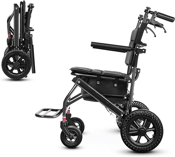 Nihhcune Wheelchair Walker for Seniors, Ultra Foldable Lightweight Rollator Walker with One-Hand Fold No Installation Portable Mobility Walking Aid with Handbrake Seat Belt Storage Bag, 300lb Capacity