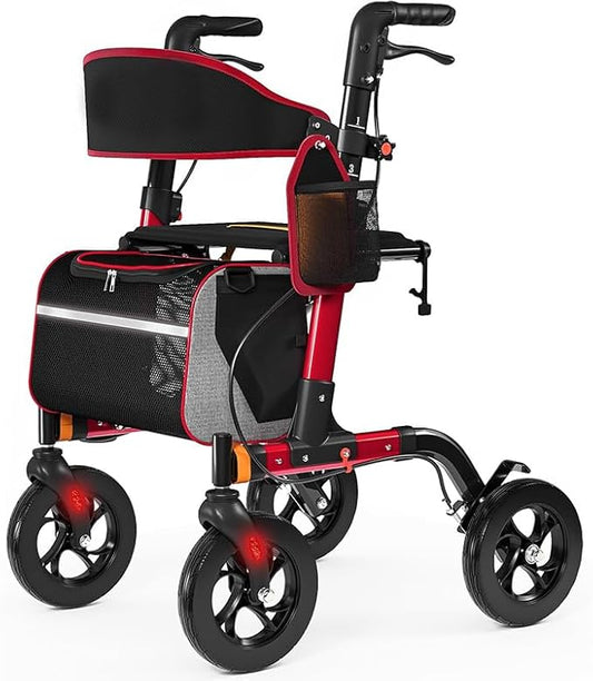 Walkers for Seniors, Rollator Walker with Seat, 350 lb Weight Capacity, 18" Big Seat, 8" All-Terrain Wheels, 6-Level Adjustable Height, Lightweight Aluminum Frame Rollator Walkers for Seniors (RED)