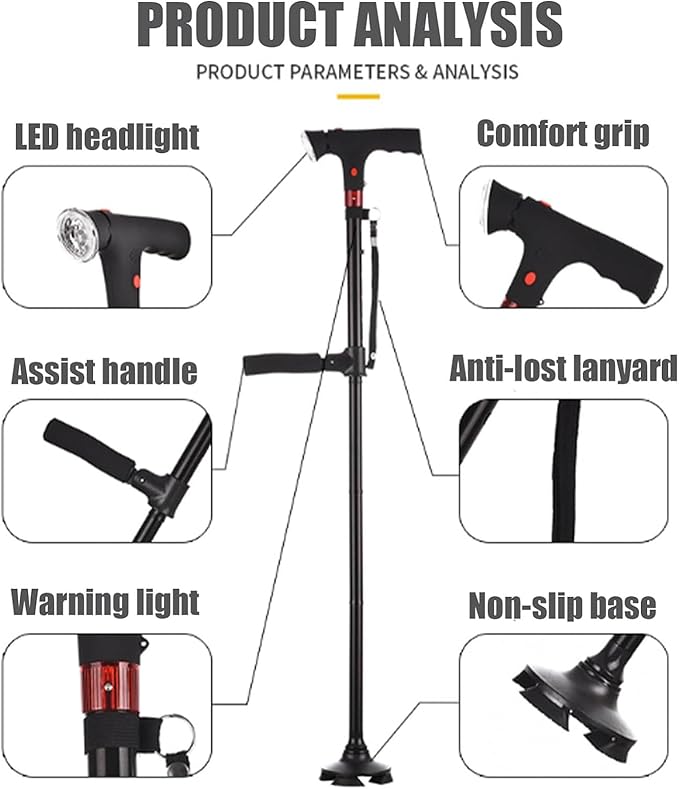 CaneHero Walking Cane, Cane Hero Walking Stick for Men & Women Smart Cane with LED Light & Emergency Alarm, Adjustable, Foldable, Lightweight with Non-Slip Base for Seniors, Support & Safety