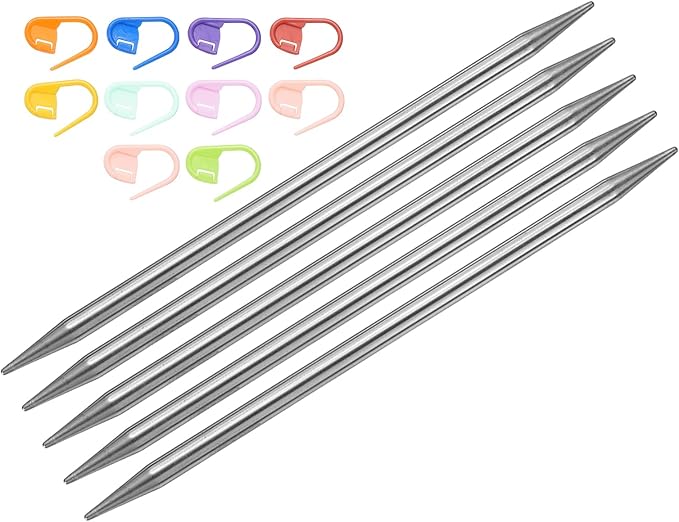 uxcell 5Pcs Knitting Needle Size US 8(5mm) 6 Inches (15cm) Length Stainless Steel Double Pointed Sweater Stitching Needles with 10 Colorful Stitch Markers for Handmade Projects DIY