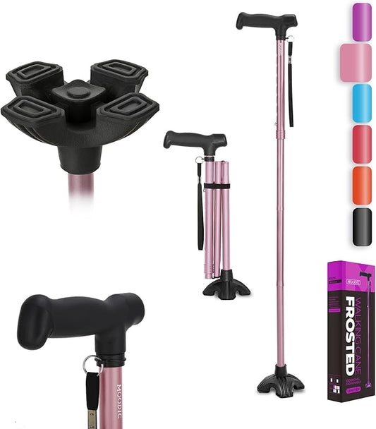 Walking Cane for Women, Extended Grip; Solid Base; Foldable; Adjustable Heights; Lightweight; Free Standing; Portable Canes for Women for Stability (Pink)