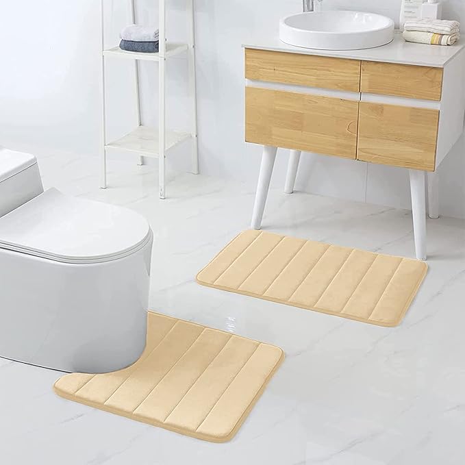 Buganda Memory Foam U-Shaped Contour Toilet Rugs, Non Slip Absorbent, Thick Soft Washable Bathroom Mat, Floor Carpet Bath Rugs Mat for Toilet Base (24" x 20", Gold)