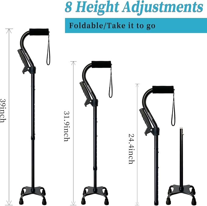 AOHHL Quad Walking Cane Foldable Adjustable Portable Stick Men & Women and Seniors - Lightweight & Sturdy with 4-Pronged Base for Extra Stability Balance,Self Standing Gifts for mom Dad