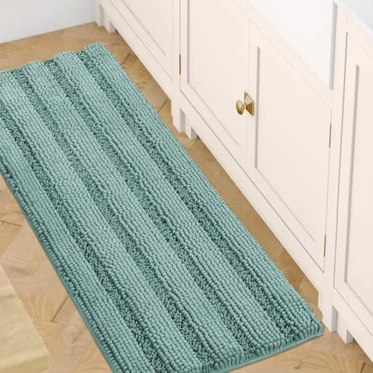 H.VERSAILTEX Bath Rugs for Bathroom Non Slip Bath Mats Extra Thick Chenille Striped Bath Rug Runners 47" x 17" Absorbent Fluffy Soft Shaggy Mats Plush Area Carpet for Bath Room - Eggshell Blue