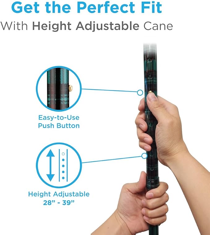 Nova Joy Designer Offset Walking Cane for Seniors - Unisex Adjustable Lightweight Aid with Foam Handle, Wrist Strap and Anti-Rattle Lock - Essential Mobility Support - Green Plaid