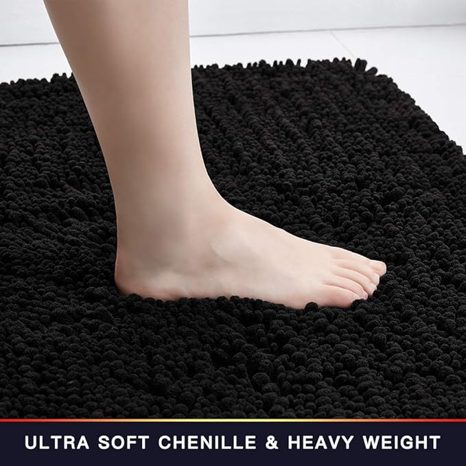 Walensee Bathroom Contour Rug Non Slip Toilet U Shaped Bath Mat (20x24, Black) Water Absorbent Super Soft Shaggy Chenille Machine Washable Dry Extra Thick Perfect Absorbant Best Plush Carpet