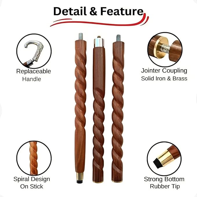 Antique Spiral Brown Wooden Walking Stick with Silver Brass Designer Parrot Handle Walking Wooden Cane for Gift Men & Women