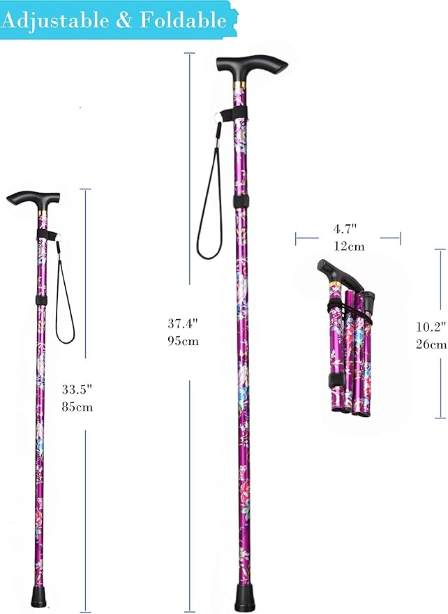 Folding Lightweight Walking Stick - Adjustable Aluminum Metal Collapsible Travel Cane with Non-Slip Rubber Base