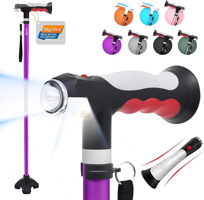 BigAlex Folding Walking Cane with Two Led Lights for Elderly Solid Base Adjustable Walking Stick with Carrying Bag for Men Women