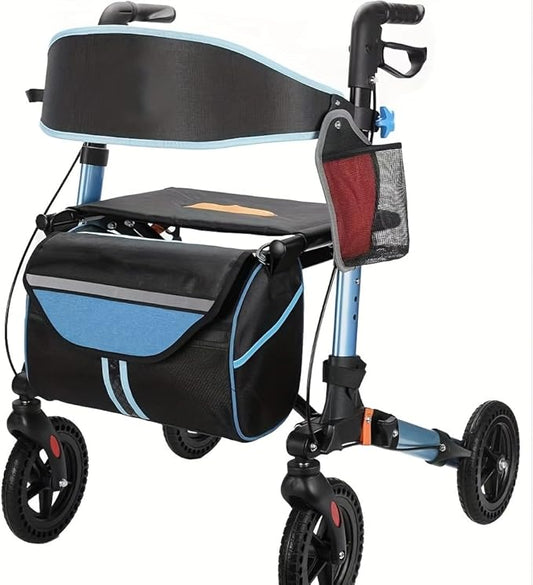 Rollator Walker for Seniors, Lightweight Foldable Aluminum Rolling Walker with Seat and Backrest, 8" All Terrain Wheels, Adjustable Height Handles, Compact Mobility Aid for Adults and Elderly (Blue)