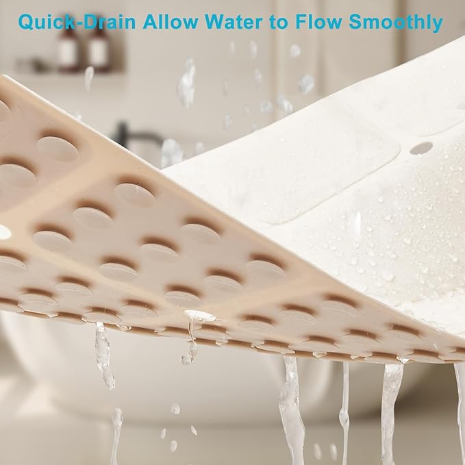 Non-Slip Bath Mat for Tub & Shower：Silicone Foldable Bathtub Mat with Strong Suction Cups, Quick Drain Holes, Machine Washable Extra Large Bathroom Mats 35.8" x 17.7", Beige