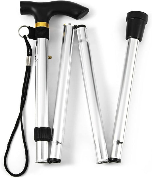 Folding Lightweight Walking Stick - Adjustable Aluminum Metal Collapsible Travel Cane with Non-Slip Rubber Base