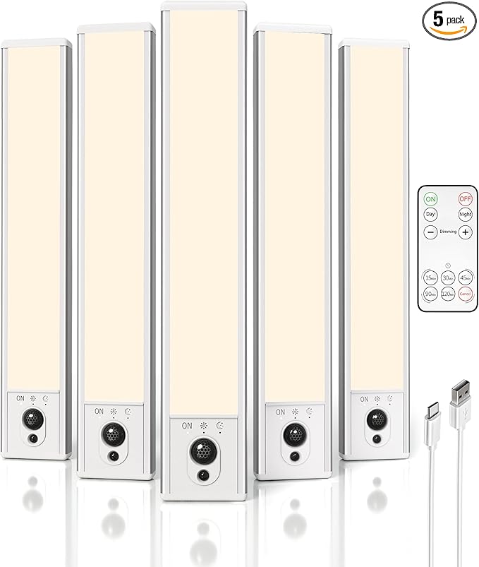 EZVALO 5 Pack Under Cabinet Lighting, Rechargeable Motion Sensor Light, LED Closet Lights Wireless, 3500K Dimmable, Timer, Magnetic, with Remote Control for Kitchen, Closet, Stair