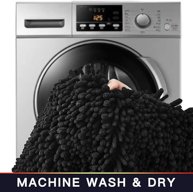 Walensee Bathroom Contour Rug Non Slip Toilet U Shaped Bath Mat (20x24, Black) Water Absorbent Super Soft Shaggy Chenille Machine Washable Dry Extra Thick Perfect Absorbant Best Plush Carpet