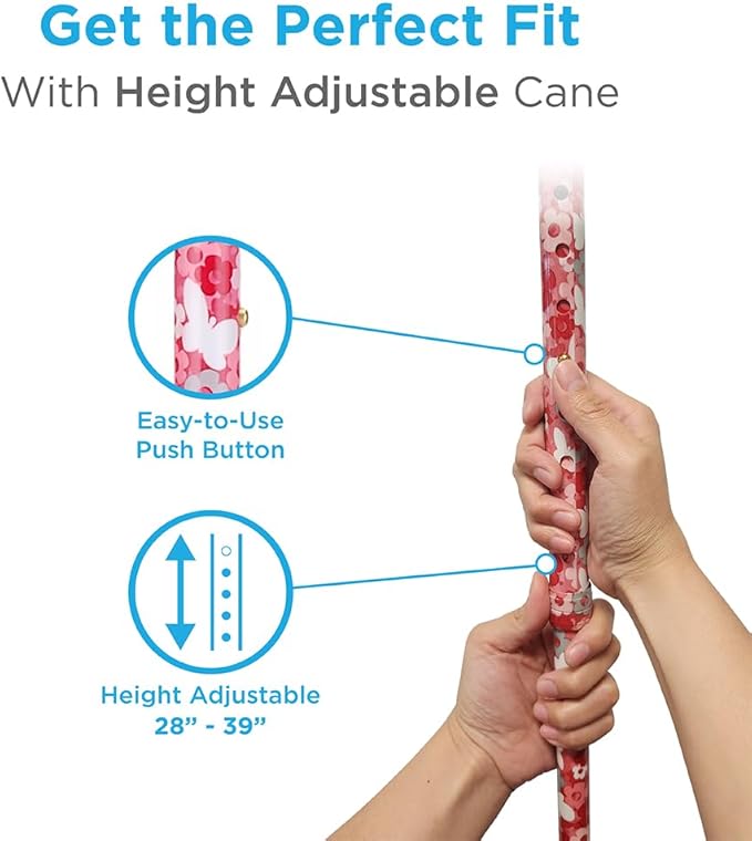 Nova Joy Designer Offset Walking Cane for Seniors - Unisex Adjustable Lightweight Aid with Foam Handle, Wrist Strap and Anti-Rattle Lock - Essential Mobility Support - Pink Petal Power