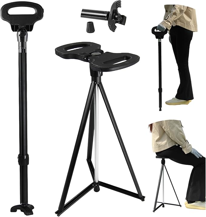 Walking Cane with Seat for Men & Women, Lightweight Anti-Slip Walking Stick with Carry Bag, Portable Stool for Senior & Adults, Foldable Cane Chair for Travel Hiking