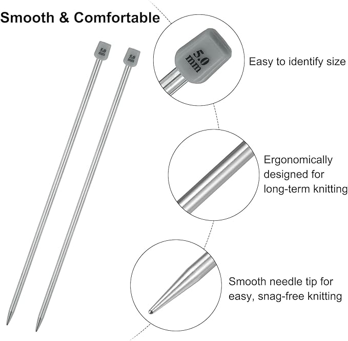 uxcell 4Pcs 5mm(H) Single Pointed Knitting Needles Stainless Steel 9.84 Inches Length Metal Weaving Tool for Handmade Projects DIY Knitting