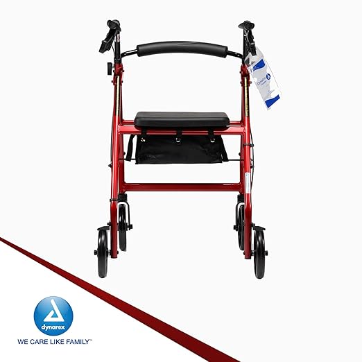 Dynarex DynaGo Quad 8 Rollator - Portable, Stand-Up Rolling Walker - 7.5” Wheels, Ideal for Narrow Spaces, Easy to Maneuver & 300 lb. Weight Capacity, Red Frame, 1 Rollator