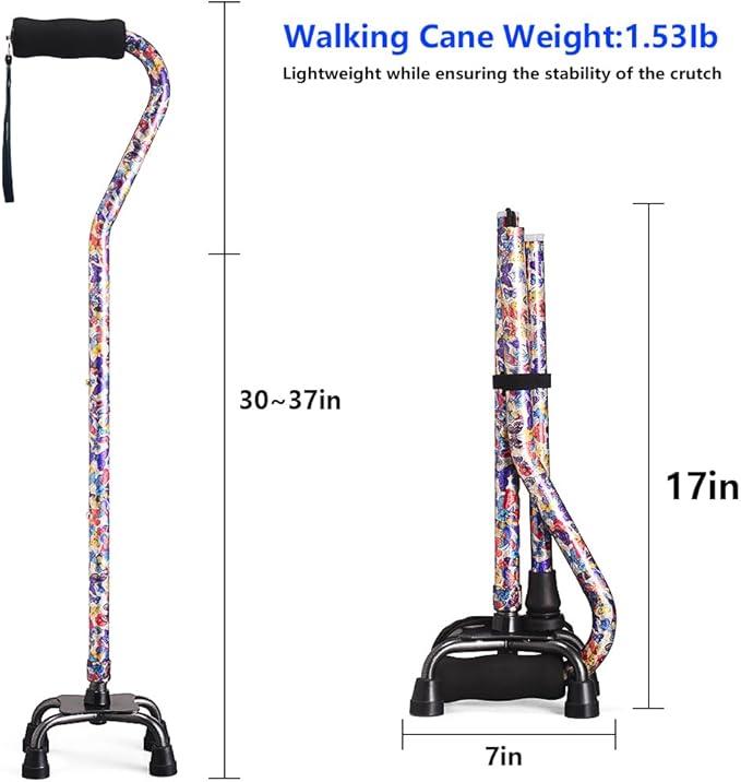 Walking Cane for Women & Men, Adjustable Quad Cane with 4-Prong Base for Stability and Balance, Folding Aluminum Walking Stick for Seniors