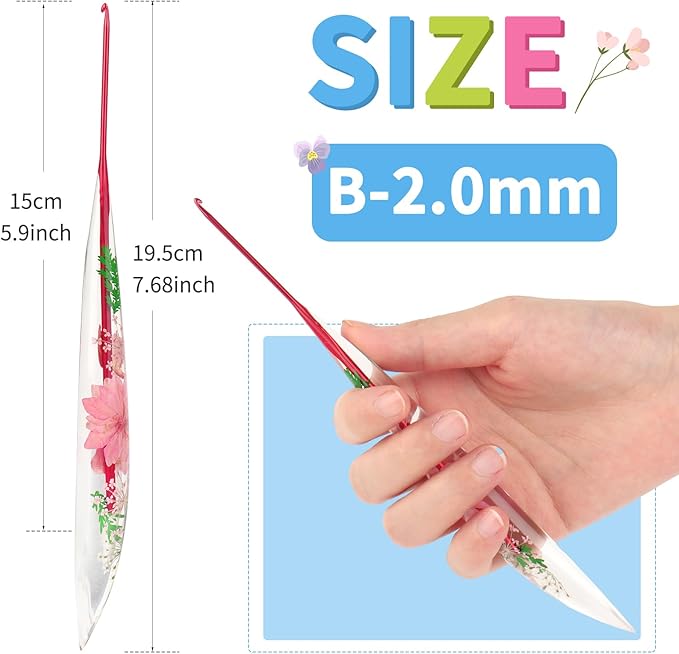 Coopay Crochet Hooks, 2mm Crochet Hook Ergonomic, See-Through Resin Handle with Flowers Inside, Pretty & Pleasant, Ideal for Crocheting Blankets, Dolls, Shawls, Hats, Scarves (B-2.0mm)