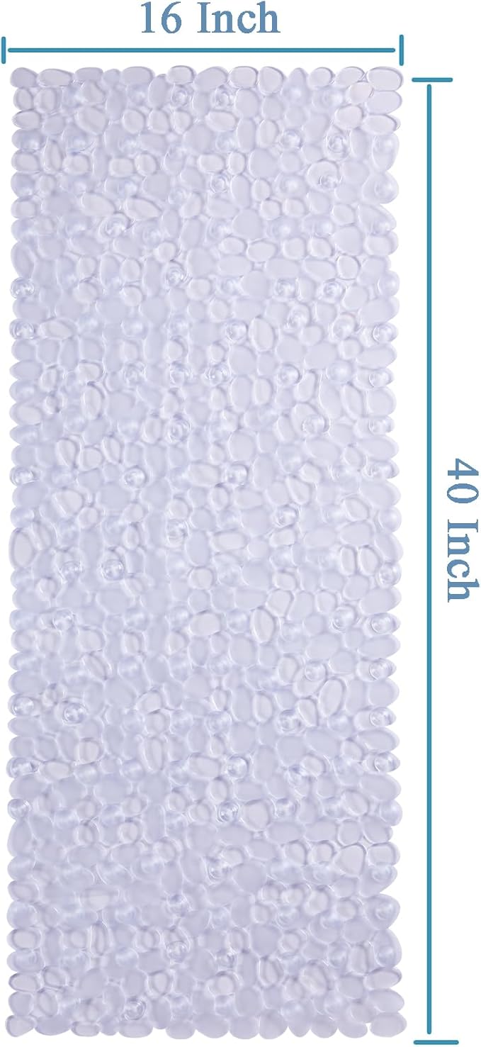 Bath Shower Mat Non Slip: Extra Large Pebble Bathtub mat for Families, Anti Slip Shower Matt with Drain Holes Suction Cups Tub Mat - 16 X 40 Inch Clear