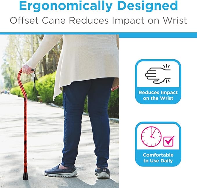 Nova Joy Designer Offset Walking Cane for Seniors - Unisex Adjustable Lightweight Aid with Foam Handle, Wrist Strap and Anti-Rattle Lock - Essential Mobility Support - Mahogany Swirl